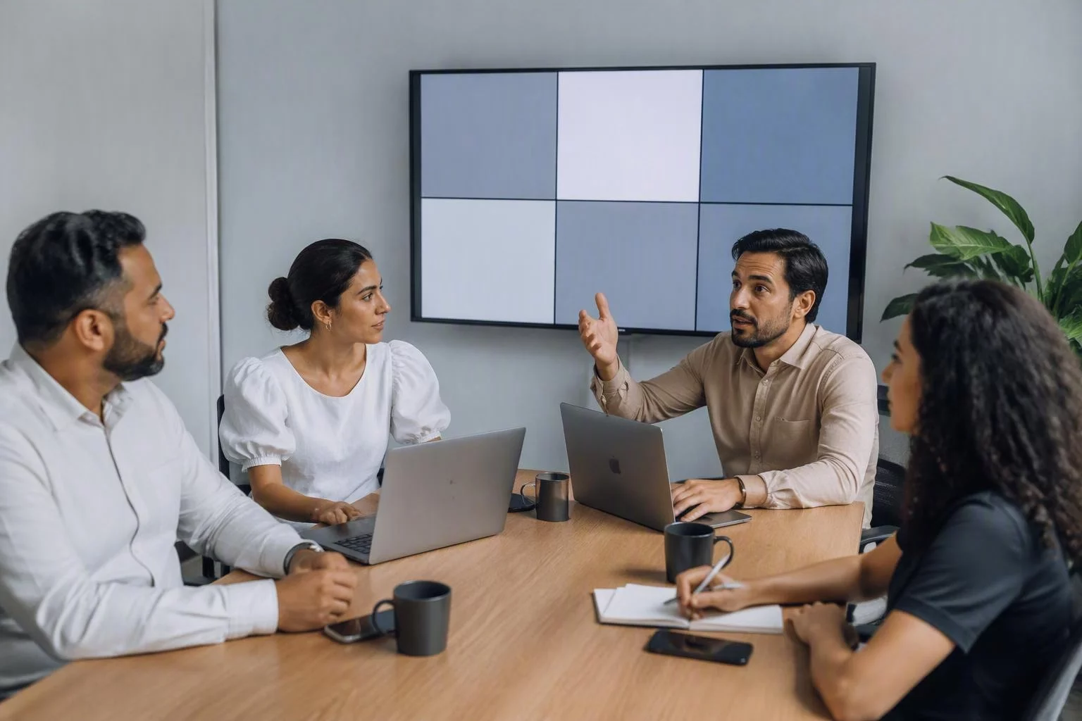 Reunião de equipe com parte das pessoas na sala e uma tela ao fundo
