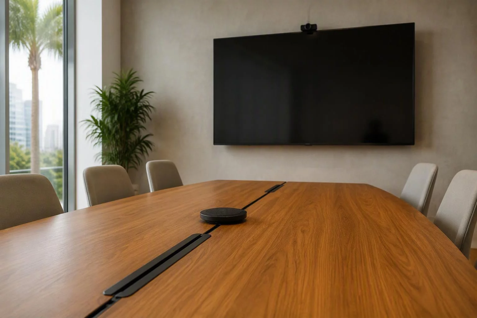 Microfone de mesa em sala de reunião preparada para chamada