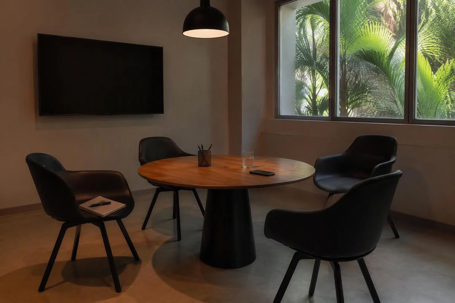Cadeiras de uma sala de reunião pequena com a tela desligada