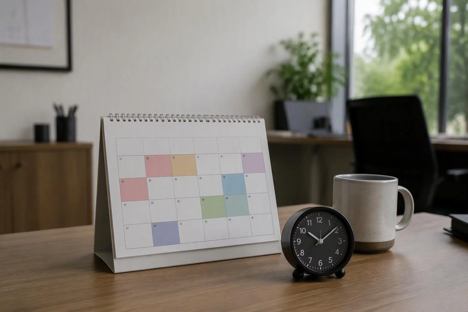 Relógio de mesa ao lado do calendário de dias presenciais